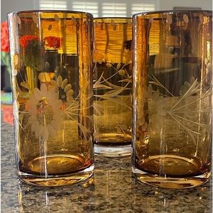 Bobby Flay Amber Floral Etched Rocks Glass Pair Rare Discontinued circa 1995 (3)